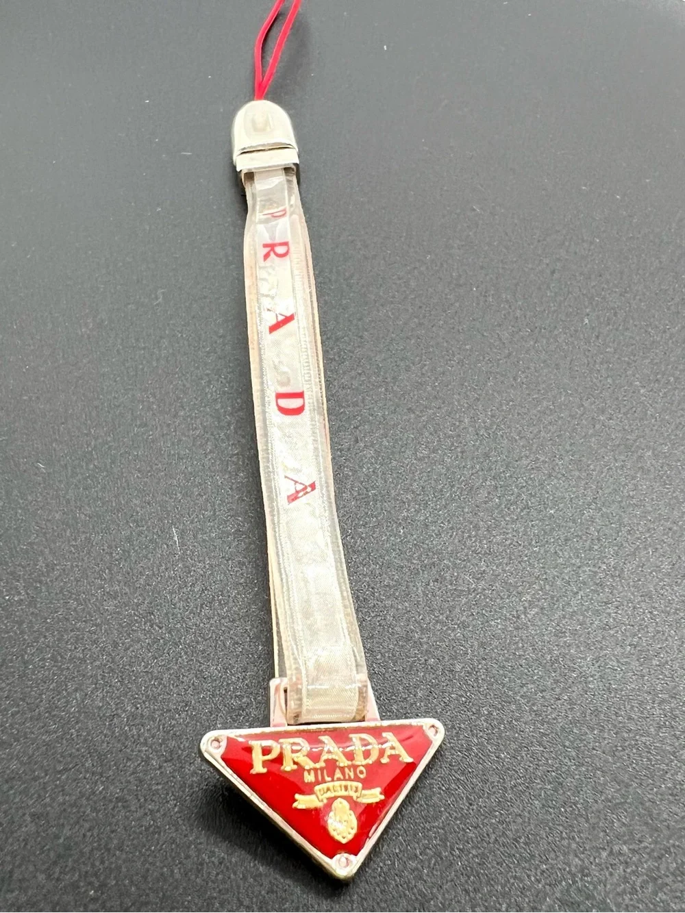 Authentic Prada Vintage Y2K Red Triangle Logo Clear Phone Strap / Bag Charm
